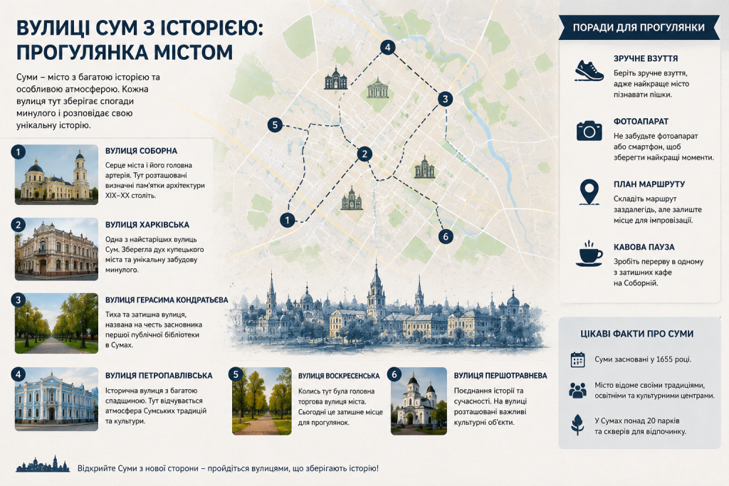Інфографіка з картою маршруту по історичних вулицях Сум: Соборна, Харківська, Петропавлівська, Воскресенська та інші з описами та фото