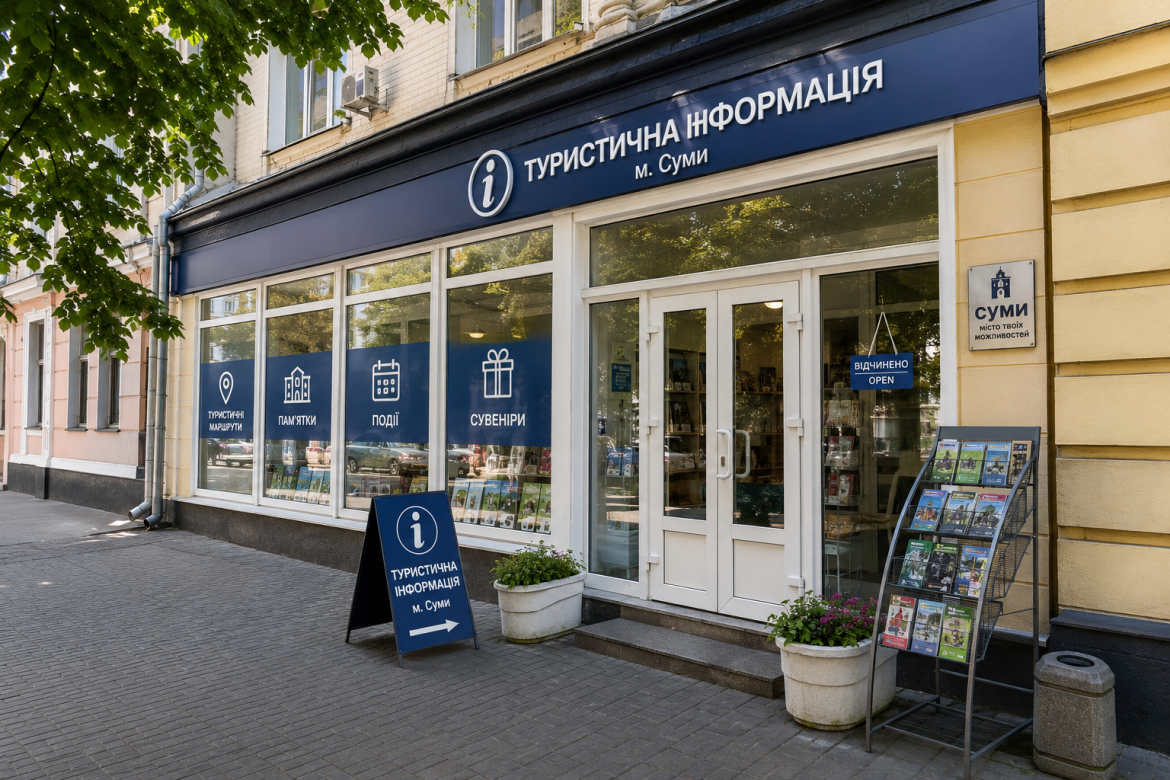 Фасад будівлі туристичної інформації міста Суми з вивіскою та стендом із буклетами