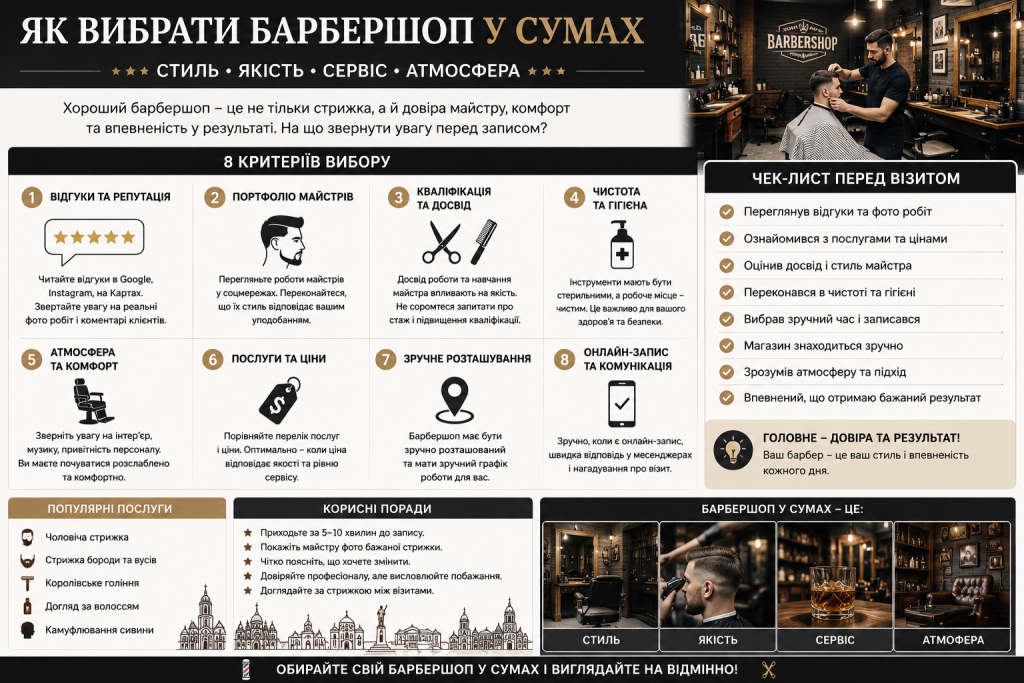 Інфографіка з порадами щодо вибору барбершопу в Сумах, чек-листом та основними критеріями