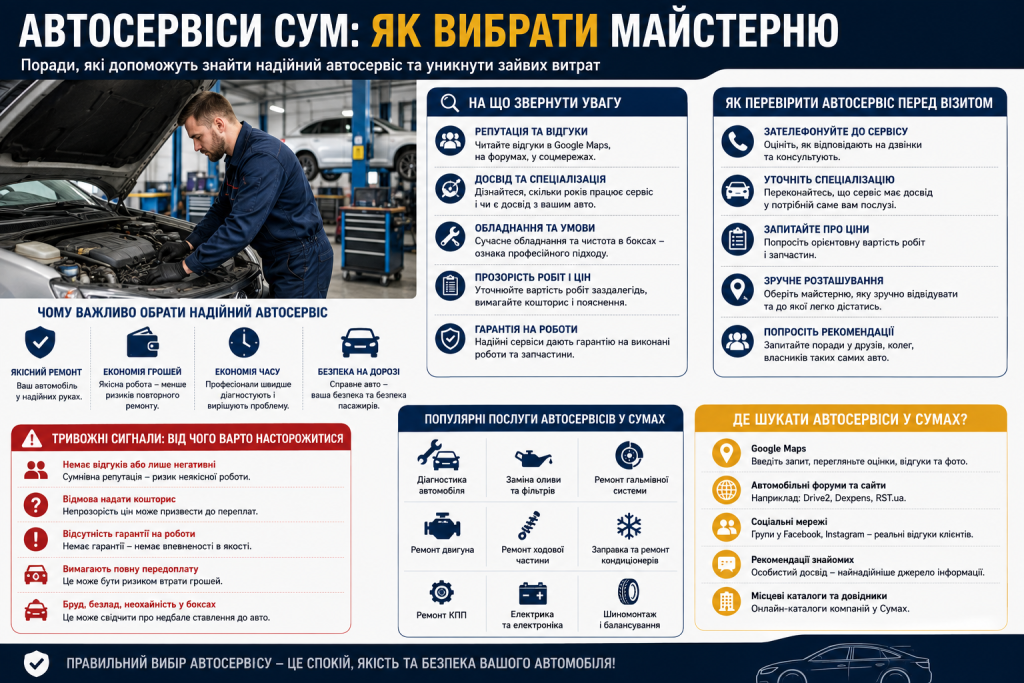 Інфографіка з порадами щодо вибору автосервісу в Сумах, перевірки майстерні та популярних послуг