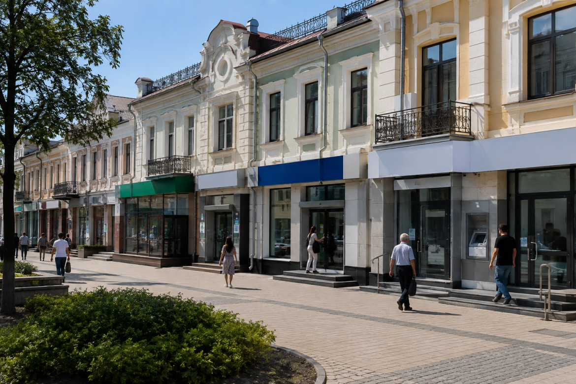 Банківські відділення та банкомати на міській вулиці в Сумах