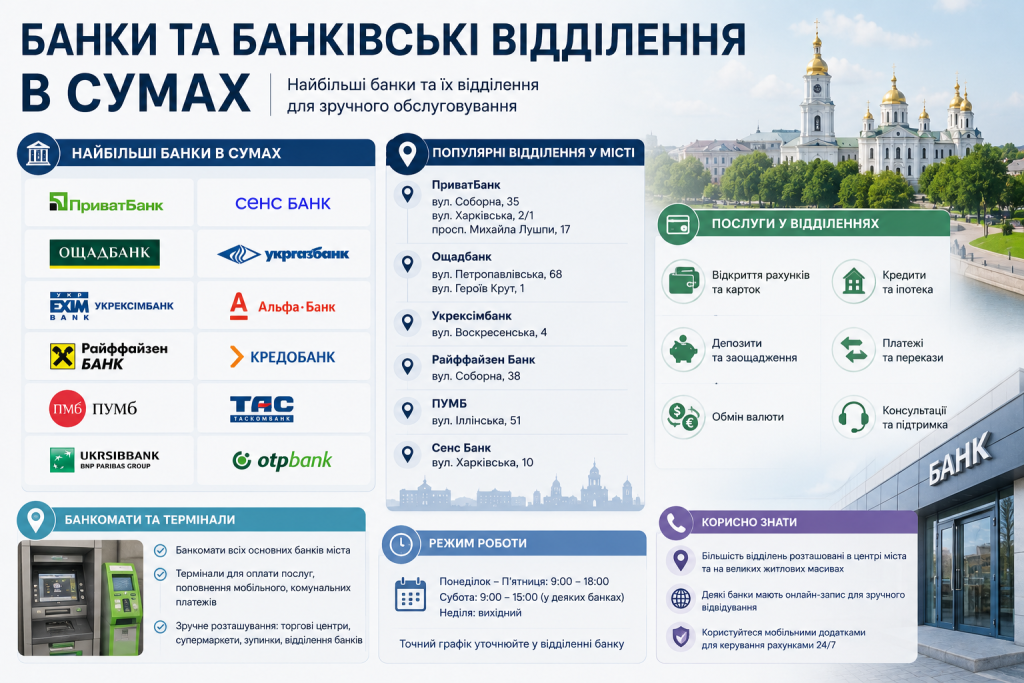 Інфографіка з переліком банків, популярних відділень і банкоматів у Сумах