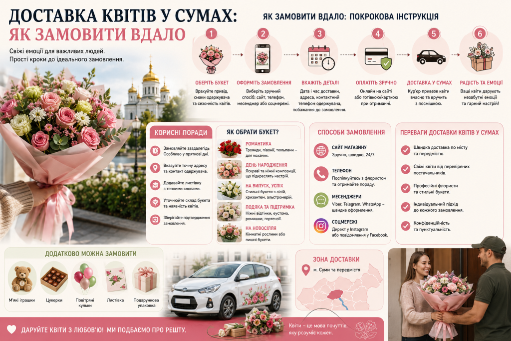 Інфографіка про доставку квітів у Сумах з етапами замовлення, вибором букета та способами доставки