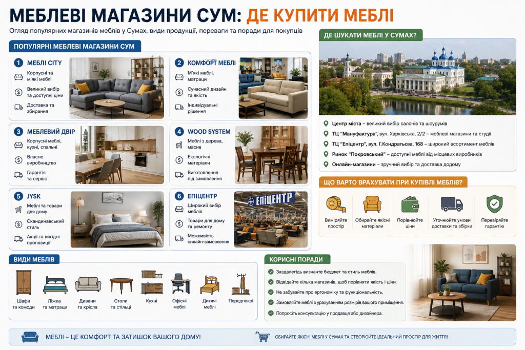 Інфографіка з оглядом меблевих магазинів Сум, видами меблів, адресами та порадами покупцям