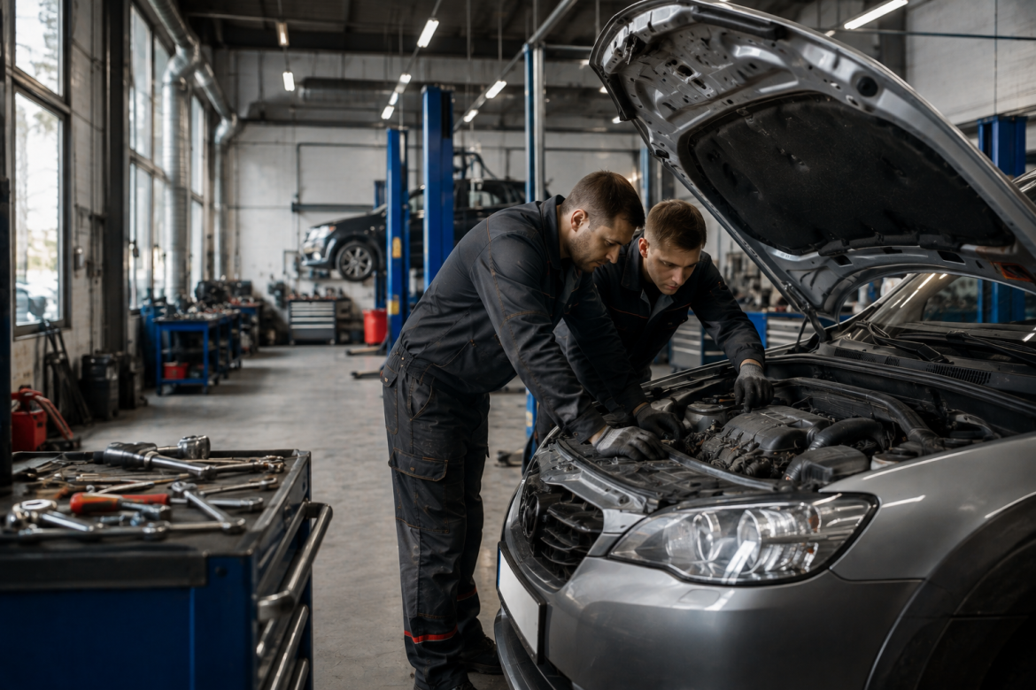 Двоє автомеханіків проводять діагностику автомобіля з відкритим капотом у сучасній майстерні
