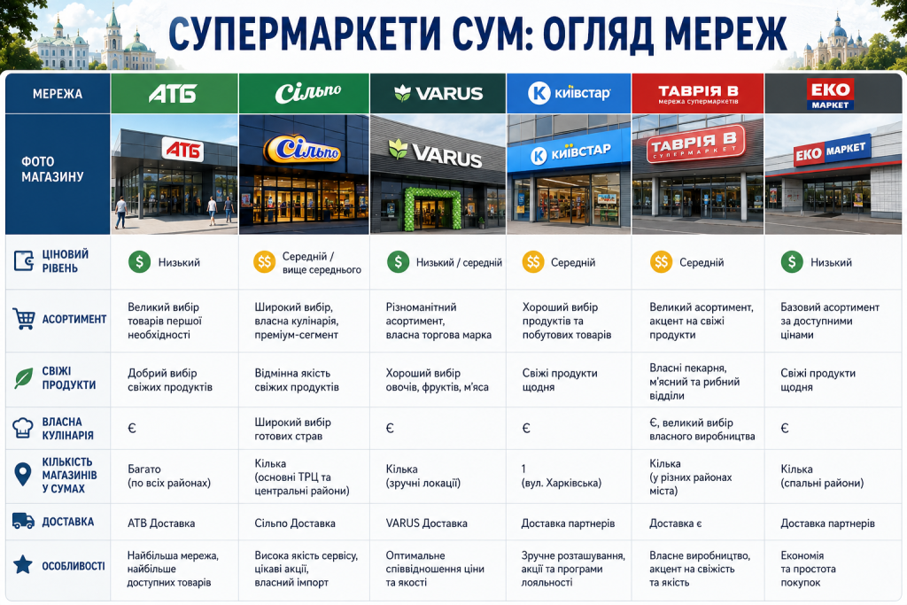 Порівняльна таблиця супермаркетів у Сумах з інформацією про ціни, асортимент, доставку та особливості