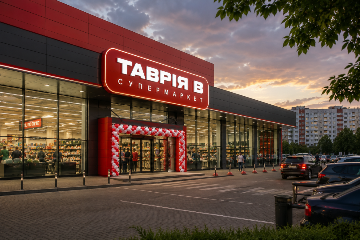 Фасад сучасного супермаркету «Таврія В» у Сумах з парковкою та покупцями біля входу