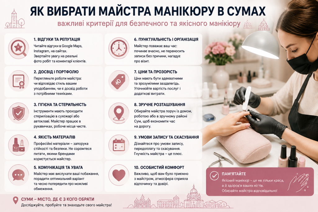 Інфографіка з основними критеріями вибору професійного майстра манікюру в Сумах