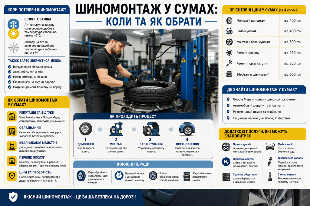 Інфографіка про вибір шиномонтажу в Сумах, послуги, орієнтовні ціни та процес заміни шин